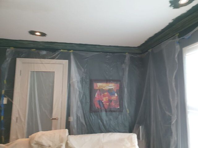 Room masked in plastic sheeting under a dark green painted cornice, with a white door and artwork